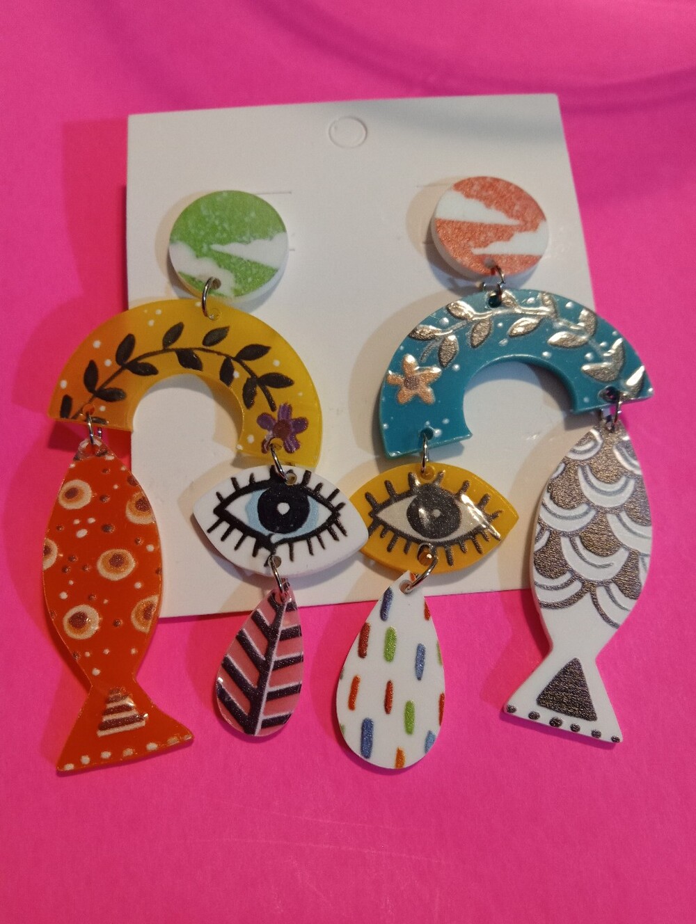 Colorful Fish & Eye Dangle Earrings - Yellow, Teal, Orange, White
